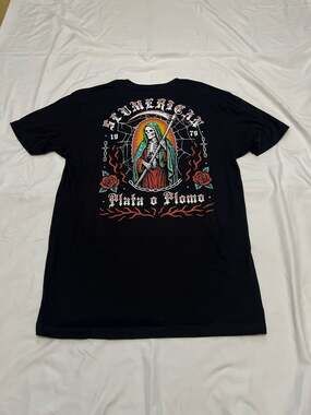 Slumerican Plata o Plomo Santa Muerte Skeleton Graphic T-Shirt Black Size L